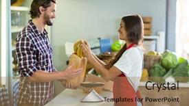  Presentation with vendor - Beautiful PPT theme featuring woman vendor bananas in the paper bag at the counter in the grocery store backdrop and a coral colored foreground