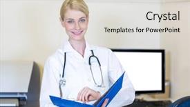  Presentation with medical clipboard - Audience pleasing PPT theme consisting of woman vet opening her clipboard at medical office backdrop and a light gray colored foreground