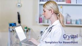 Presentation with medical laptop - Beautiful theme featuring woman vet using her laptop at medical office backdrop and a sky blue colored foreground