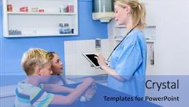  Presentation with vet - Presentation having woman vet using her tablet computer in front of children background and a teal colored foreground