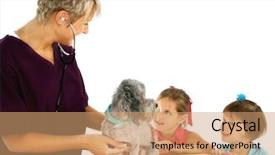  Presentation with poodle - Presentation design consisting of woman veterinarian giving poodle a check-up while curious children look background and a coral colored foreground