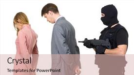  Presentation with gun - Theme enhanced with woman victim - portrait of two businesspeople standing background and a lemonade colored foreground