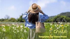  Presentation with iris flower - PPT layouts featuring woman-visit-the-flower-field background and a tawny brown colored foreground