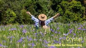  Presentation with iris flower - Theme featuring woman-visit-the-flower-garden background and a violet colored foreground