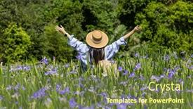  Presentation with iris flower - Theme enhanced with woman-visit-the-flower-garden background and a tawny brown colored foreground