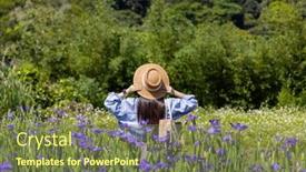  Presentation with iris flower - PPT layouts with woman-visit-the-flower-garden background and a violet colored foreground