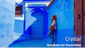  Presentation with morocco - Presentation theme with woman-visiting-chefchaouen-city background and a cobalt blue colored foreground