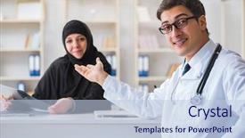  Presentation with woman muslim - PPT layouts featuring woman visiting doctor for regular background and a light blue colored foreground