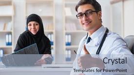  Presentation with woman muslim - Slide deck consisting of woman visiting doctor for regular background and a light blue colored foreground