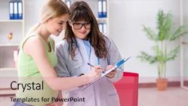  Presentation with doctor visiting family a new born - Presentation enhanced with woman visiting doctor for regular background and a coral colored foreground