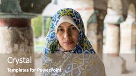  Presentation with old traditional romanian folk costumes - Slide deck having woman visiting old historical city background and a  colored foreground