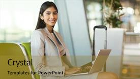  Presentation with airport lounge - Amazing slide set having woman waiting at airport lounge backdrop and a gold colored foreground