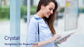  Presentation with bus stop - Colorful presentation design enhanced with woman waiting at bus stop backdrop and a sky blue colored foreground