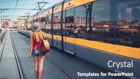  Presentation with tourism - Presentation enhanced with woman-waiting-tramway-porto-city background and a ocean colored foreground