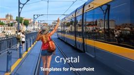  Presentation with tourism - PPT layouts featuring woman-waiting-tramway-porto-city background and a ocean colored foreground