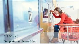  Presentation with laundromat - PPT theme having woman-waits-sitting-in-front background and a light blue colored foreground