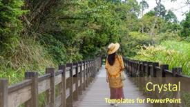  Presentation with walk - Presentation theme consisting of woman-walk-on-the-wooden background and a violet colored foreground