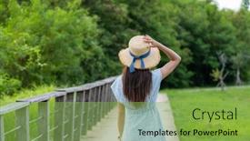  Presentation with walk - Slide deck having woman-walk-on-wooden-path background and a seafoam green colored foreground
