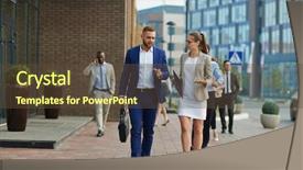  Presentation with moving business - Beautiful presentation theme featuring two professionals moving down street backdrop and a coral colored foreground