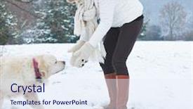  Presentation with golden woman - Slides having woman walking a golden retriever dog in snowy winter background and a sky blue colored foreground