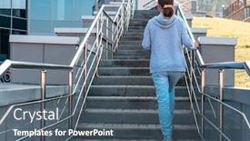  Presentation with neighborhood - Amazing slides having woman walking alone climb the stairs in a modern neighborhood of a big city backdrop and a gray colored foreground