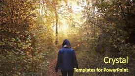  Presentation with woodland - PPT theme having woman walking along path in autumn woodland background and a tawny brown colored foreground