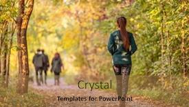  Presentation with walking trail - Presentation design consisting of woman walking in autumn forest nature path walk on trail woods background happy girl relaxing on active outdoor activity background and a coral colored foreground