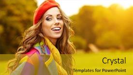  Presentation with sad woman walking - Audience pleasing PPT layouts consisting of woman walking in autumn park backdrop and a gold colored foreground