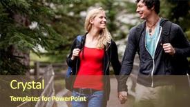  Presentation with camping - PPT theme with woman walking in the forest background and a  colored foreground