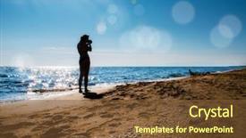  Presentation with beach sands - Colorful PPT layouts enhanced with woman walking on sandy beach backdrop and a tawny brown colored foreground