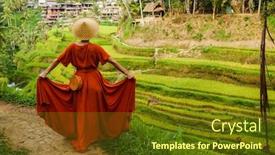 Presentation with bali - Slide set with woman-walking-on-tegalalang-rice background and a tawny brown colored foreground