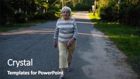  Presentation with elderly people walking difficulties - Slides with woman walking on the road background and a ocean colored foreground