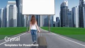  Presentation with road - Audience pleasing presentation design consisting of woman walking on the road to the city in front of an empty billboards concept tourist returns home to city moving to the city billboard on the road leading to the city of skyscrapers back view backdrop and a gray colored foreground