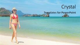  Presentation with blue crystal - Beautiful presentation design featuring woman walking on the sea backdrop and a  colored foreground