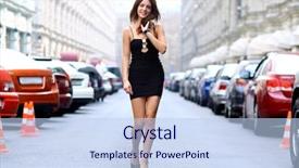  Presentation with sad woman walking - Beautiful presentation theme featuring woman walking on the street backdrop and a light blue colored foreground