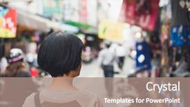  Presentation with street - Slide set having woman walking on the street background and a coral colored foreground