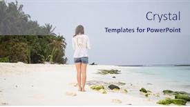  Presentation with pastel - Slide set consisting of woman-walking-on-tropical-beach background and a sky blue colored foreground