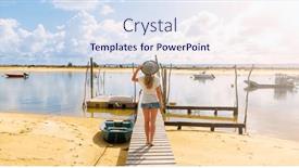 Presentation with fishing boats - PPT layouts featuring woman-walking-on-wooden-pier background and a sky blue colored foreground