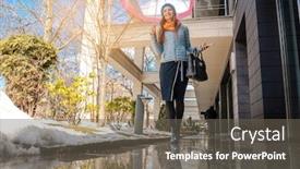 Presentation with sad woman walking - Beautiful PPT theme featuring woman-walking-through-the-puddles backdrop and a gray colored foreground