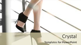  Presentation with stairs - Audience pleasing slide deck consisting of woman walking up some stairs backdrop and a soft green colored foreground