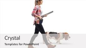  Presentation with basset hound - Presentation design enhanced with woman walking with a shotgun background and a light gray colored foreground