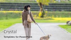  Presentation with dog park - Presentation design enhanced with woman-walking-with-her-dachshund background and a light gray colored foreground