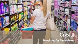  Presentation with supermarket trolley - Beautiful PPT layouts featuring woman walking with his trolley on aisle at the supermarket backdrop and a coral colored foreground