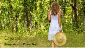  Presentation with forest - Presentation theme featuring woman-walking-with-white-dress background and a gold colored foreground