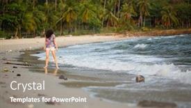  Presentation with polluted - Slide deck featuring woman walks along a polluted tropical beach pollution and environmental problems background and a gray colored foreground