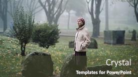  Presentation with autumn morning - PPT theme enhanced with woman-walks-through-the-park background and a tawny brown colored foreground