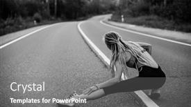  Presentation with black road - Theme having woman-warms-up-before-jogging background and a gray colored foreground