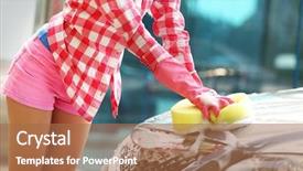  Presentation with car - Presentation theme consisting of woman washing car with sponge background and a coral colored foreground