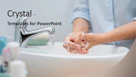  Presentation with woman hands open - Presentation theme featuring woman washing hands for cleanliness background and a light gray colored foreground