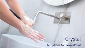  Presentation with hygiene - Colorful PPT theme enhanced with woman-washing-hands-with-foam backdrop and a sky blue colored foreground